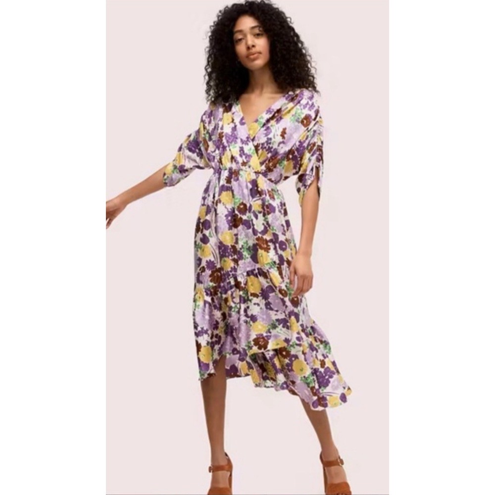 KATE SPADE Swing Flora Jacquard Midi Wrap Floral Silk Dress Women's 10 MSRP $578